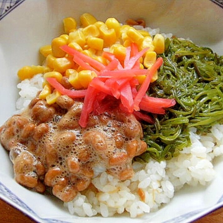 ５分！まな板なし❤納豆で３色丼♪（なめ茸ご飯）